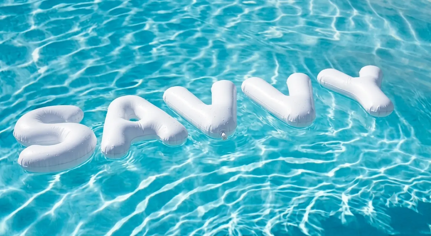 White inflatable SAVVY letters floating in clear blue water