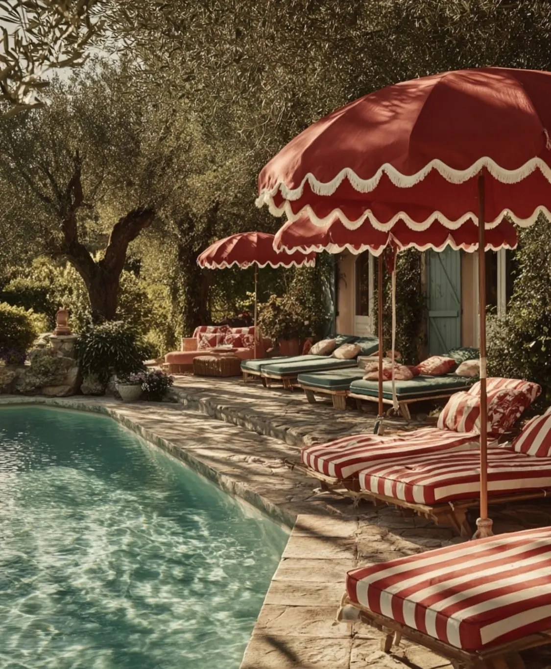 Red and white striped loungers and fringed umbrellas by a pool