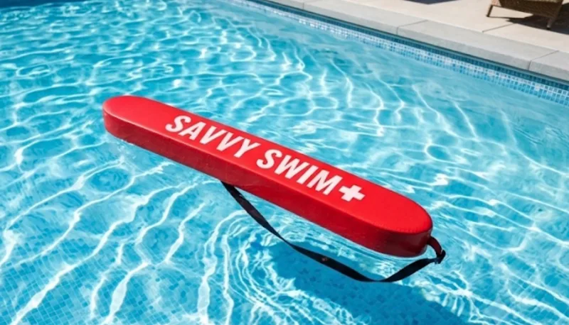 Red Savvy Swim rescue tube floating on sparkling pool water